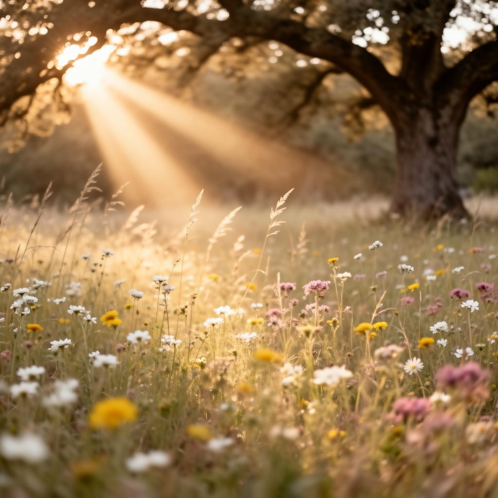 Golden hour sunbeams through a wildflower meadow