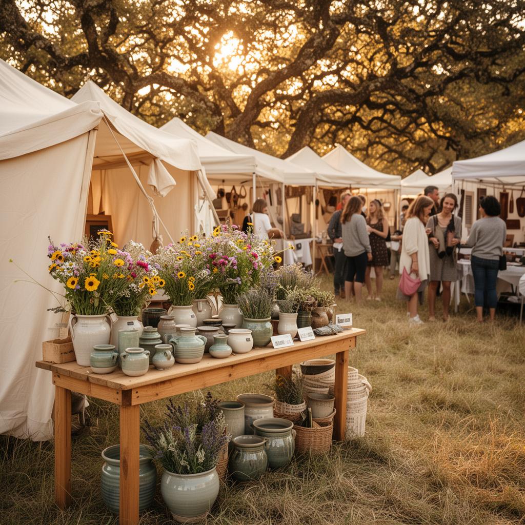 Outdoor artisan market in a sunlit meadow